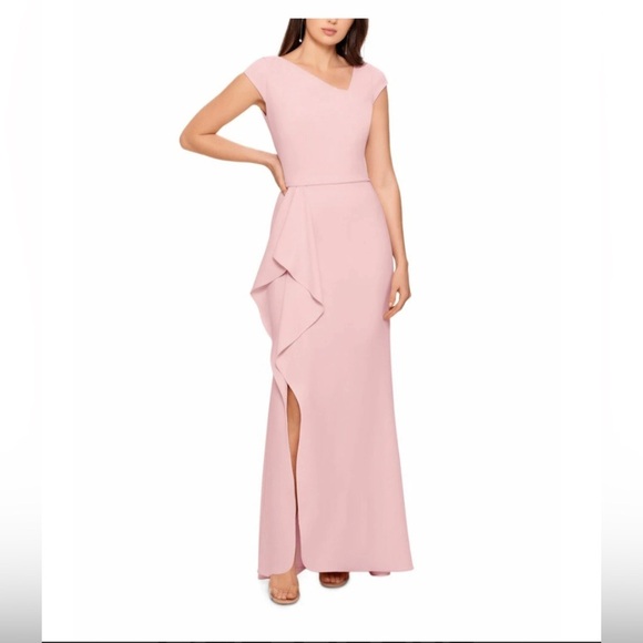 BETSY & ADAM Ruffled Slitted Cap Sleeve Asymmetrical Neckline Maxi Gown Dress - Picture 2 of 11